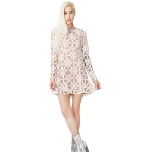 For Love & Lemons Metz Mini Dress, Nude/White/Lace/Star, Long Sleeve Lace XS
